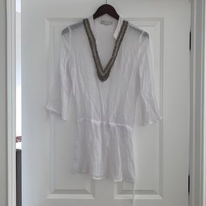 White beaded linen swim coverup